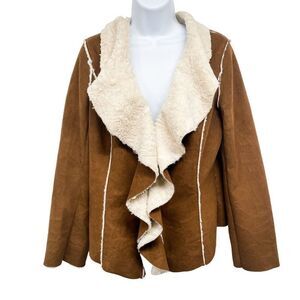 JouJou Faux Suede Shearling Waterfall Ruffle Faux Fur Cardigan Coat Jacket